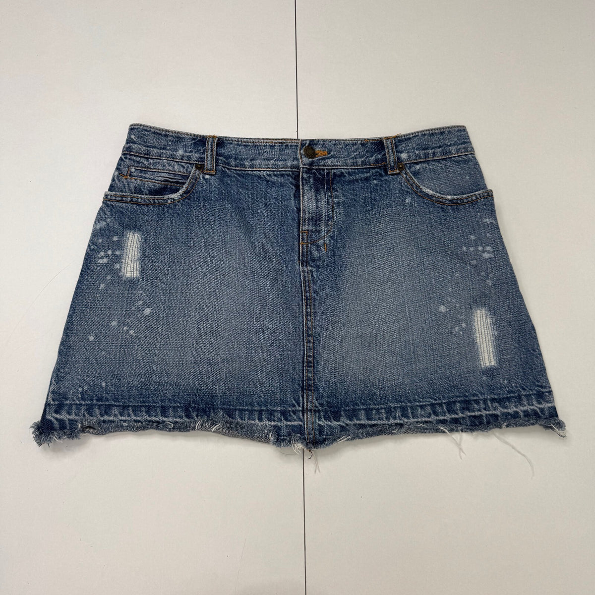 Y2K vintage mini skirt mid blue wash denim rhinestone distressed fraying hem