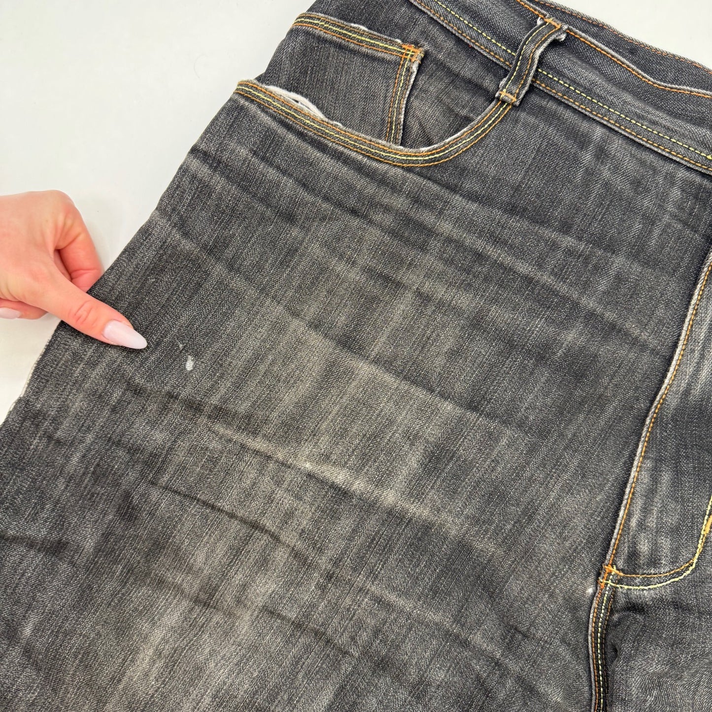 Y2K vintage jorts denim shorts embroidered crown dark grey wash contrast baggy