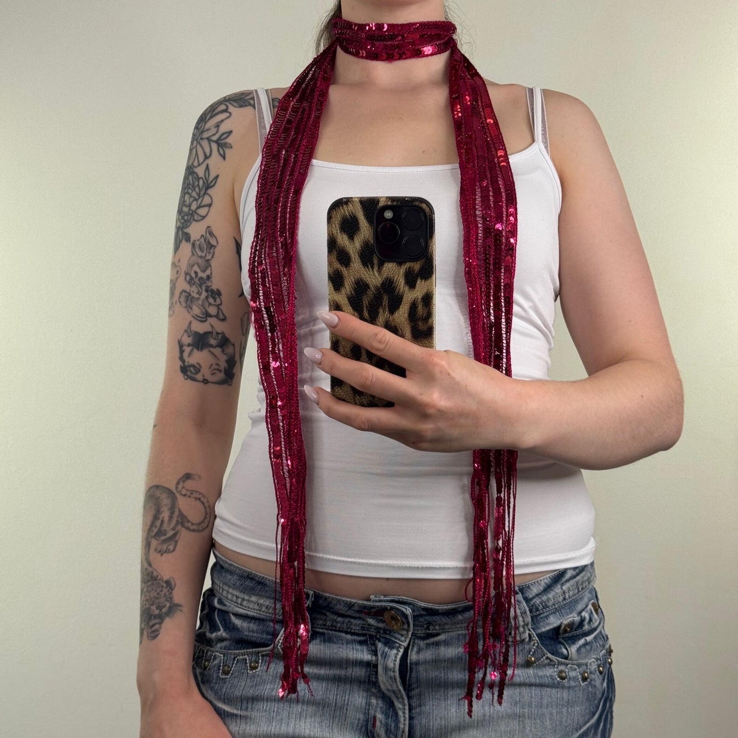 Y2K vintage sequin skinny scarf thin sheer