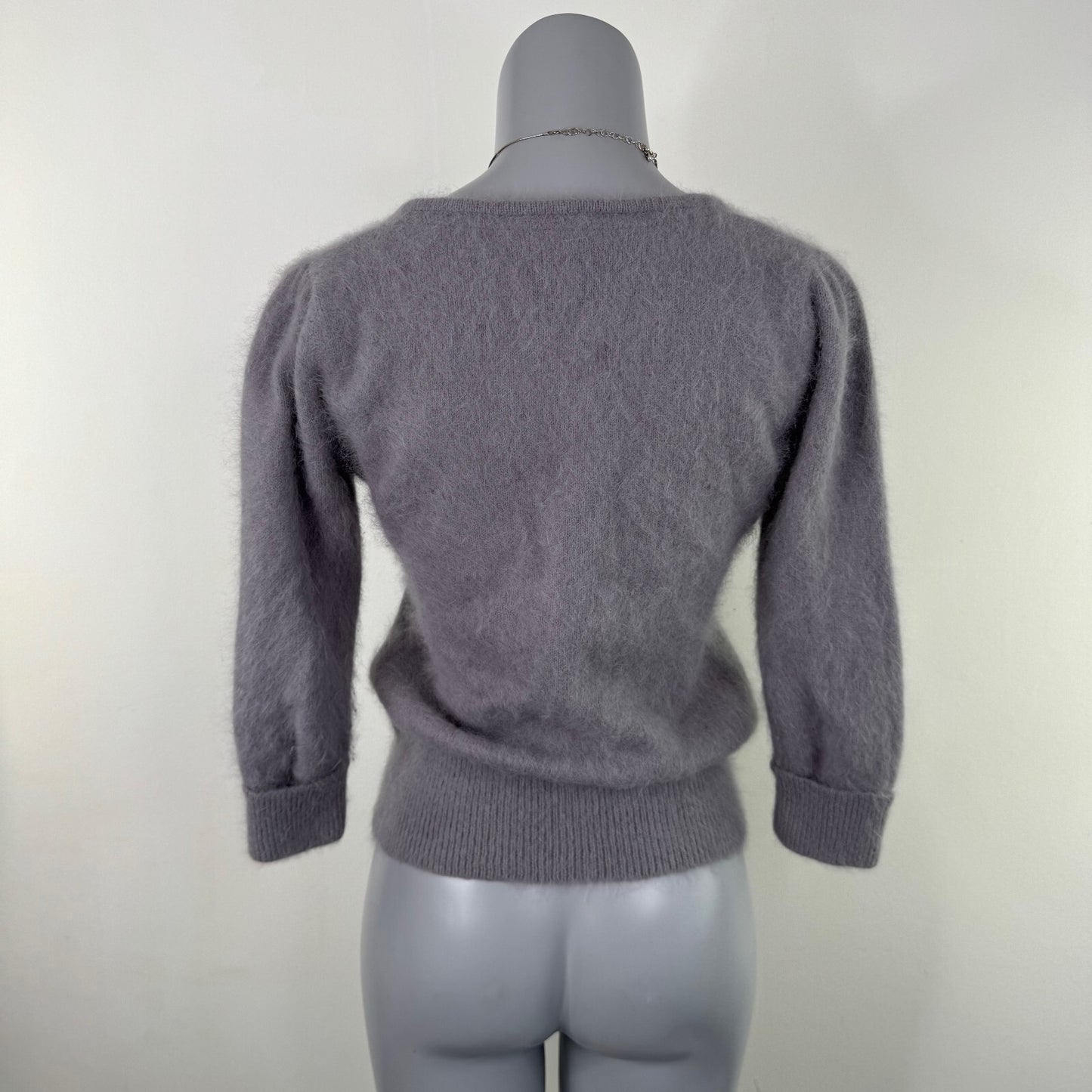 Y2K vintage angora blend jumper 3/4 sleeve knit v neck big bow grey coquette