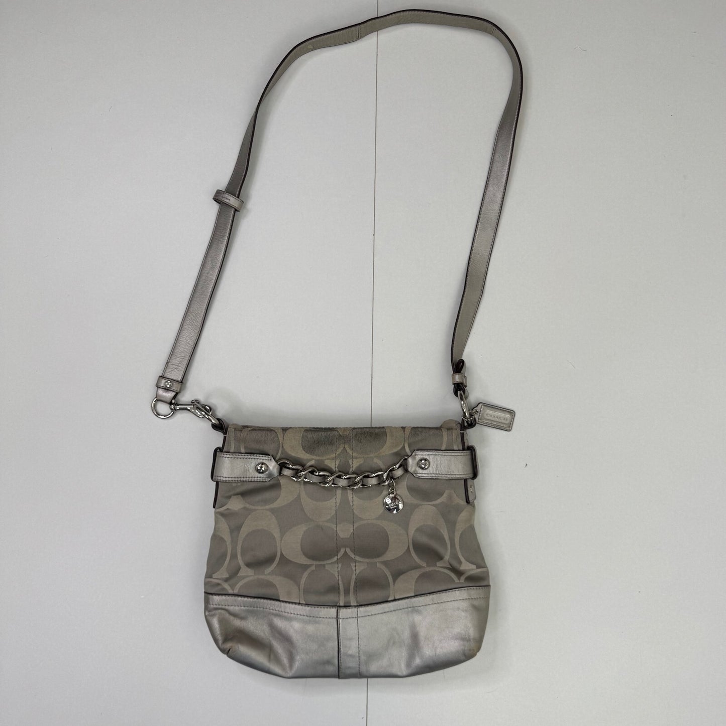 Vintage Coach Monogram Canvas Leather Metallic Crossbody Bag Chain Strap Zip