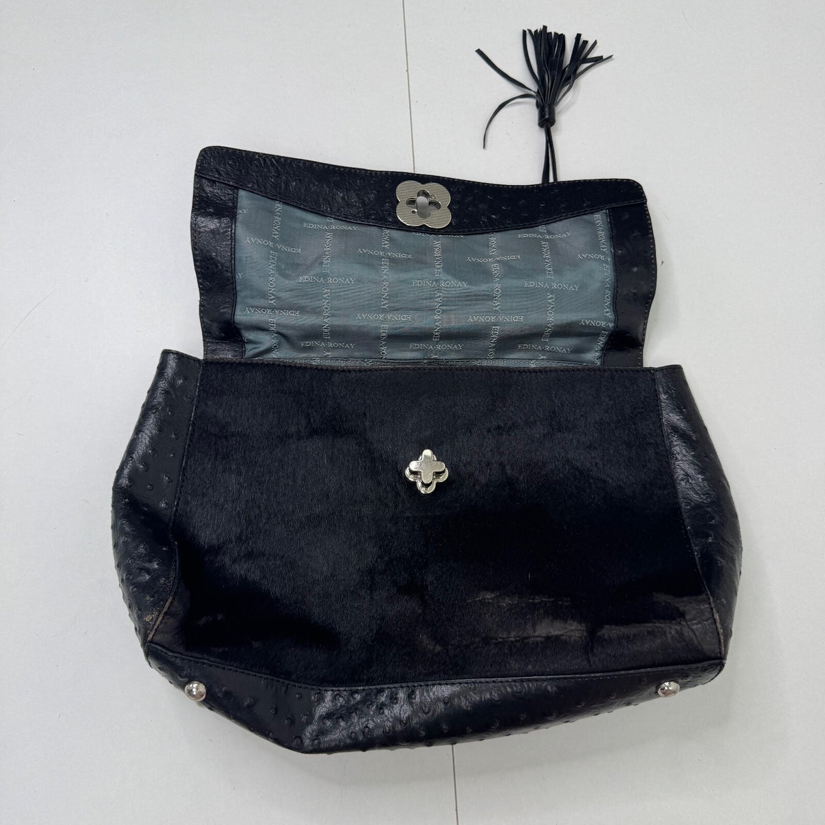 Y2K vintage pony hair handbag leather ostrich effect pattern fringe medium