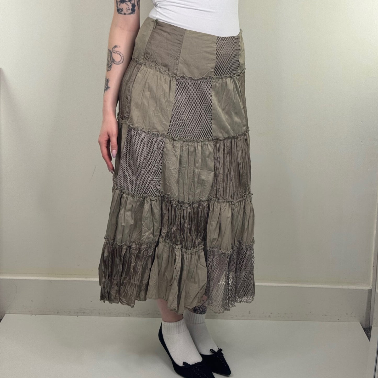 Y2K vintage maxi skirt patchwork satin fishnet khaki crinkle a line boho