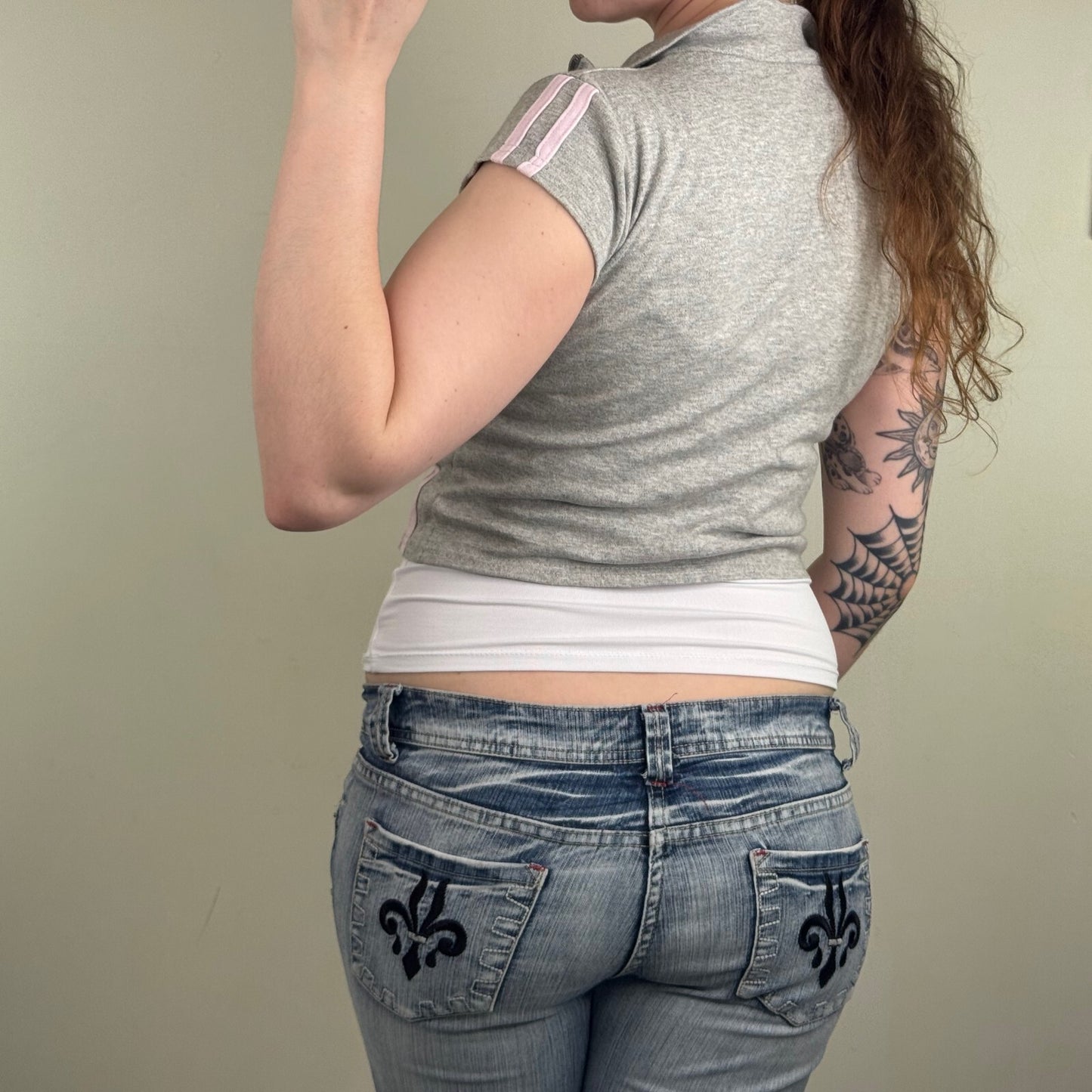 Y2K vintage bunny short sleeve top zip up high neck crop grey pink sporty