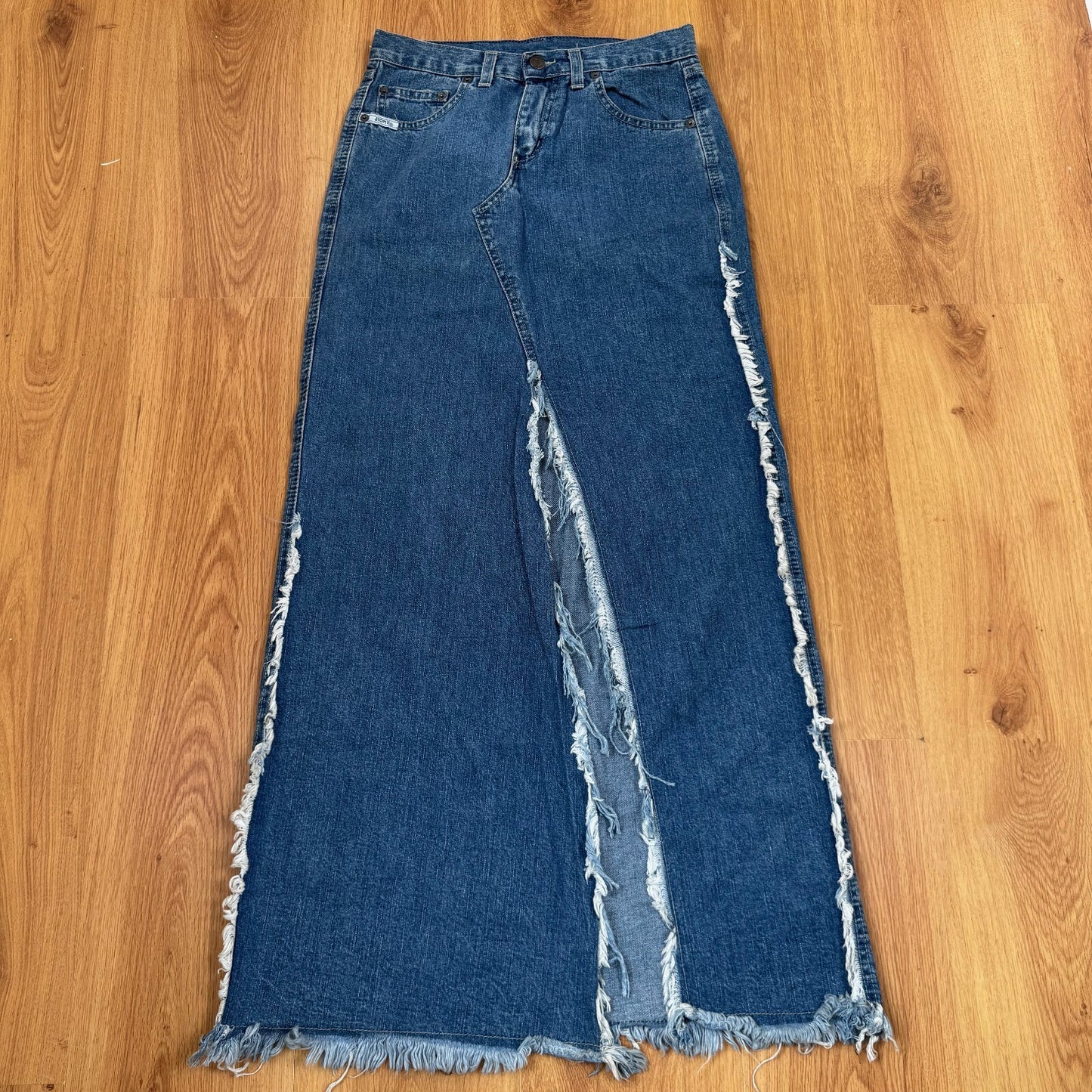 Y2K vintage denim maxi skirt a line fraying hem mid blue wash high slit long
