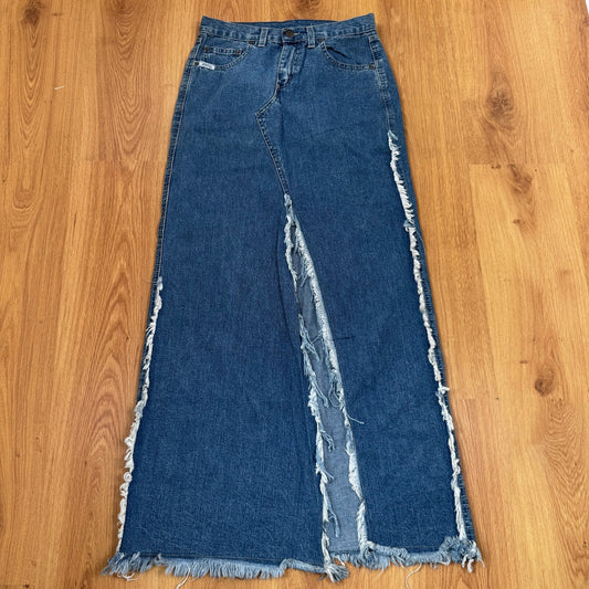 Y2K vintage denim maxi skirt a line fraying hem mid blue wash high slit long