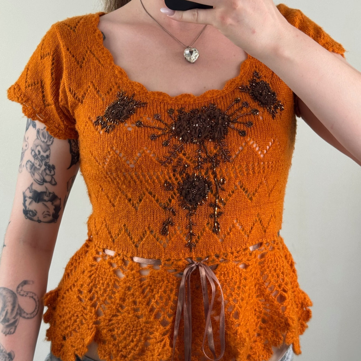 Y2K vintage mohair knit short sleeve top beaded floral embellished sheer bow