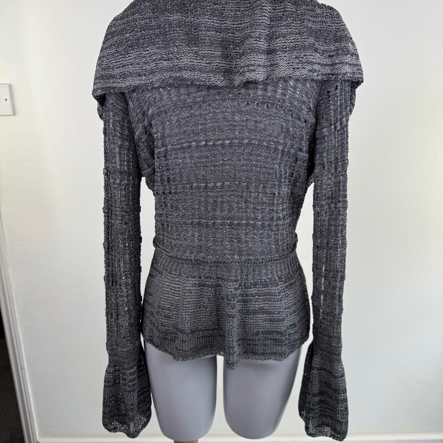 Y2K vintage fine knit cardigan frilly flare sleeve ruffle marl grey sheer v neck