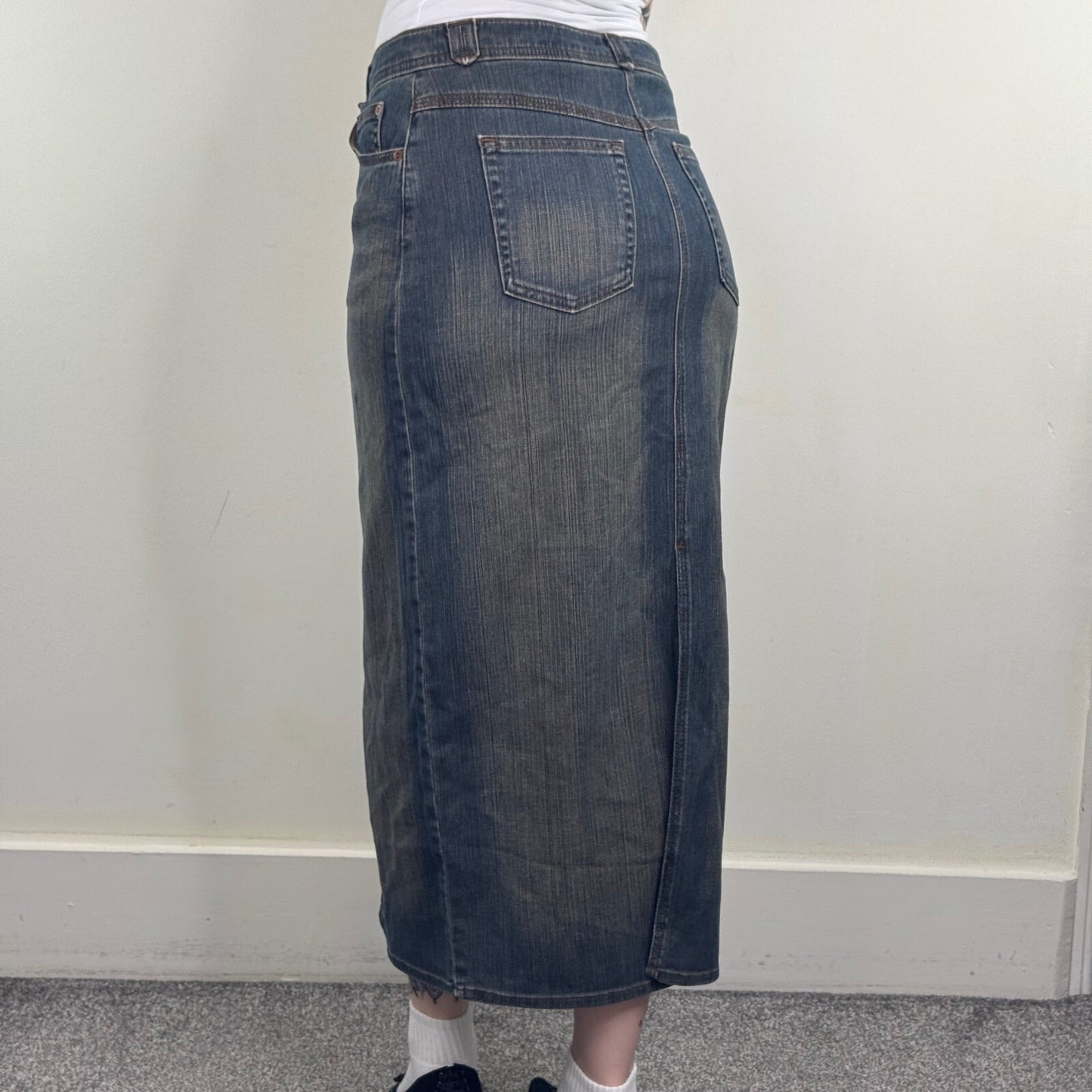 Y2K vintage denim maxi skirt denim dirty blue wash stretchy slit full length