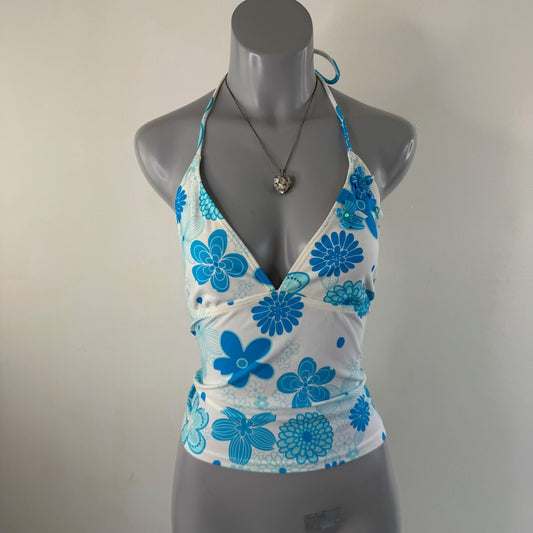 Y2K vintage tankini top halter neck floral 3D flowers sequin tie bow