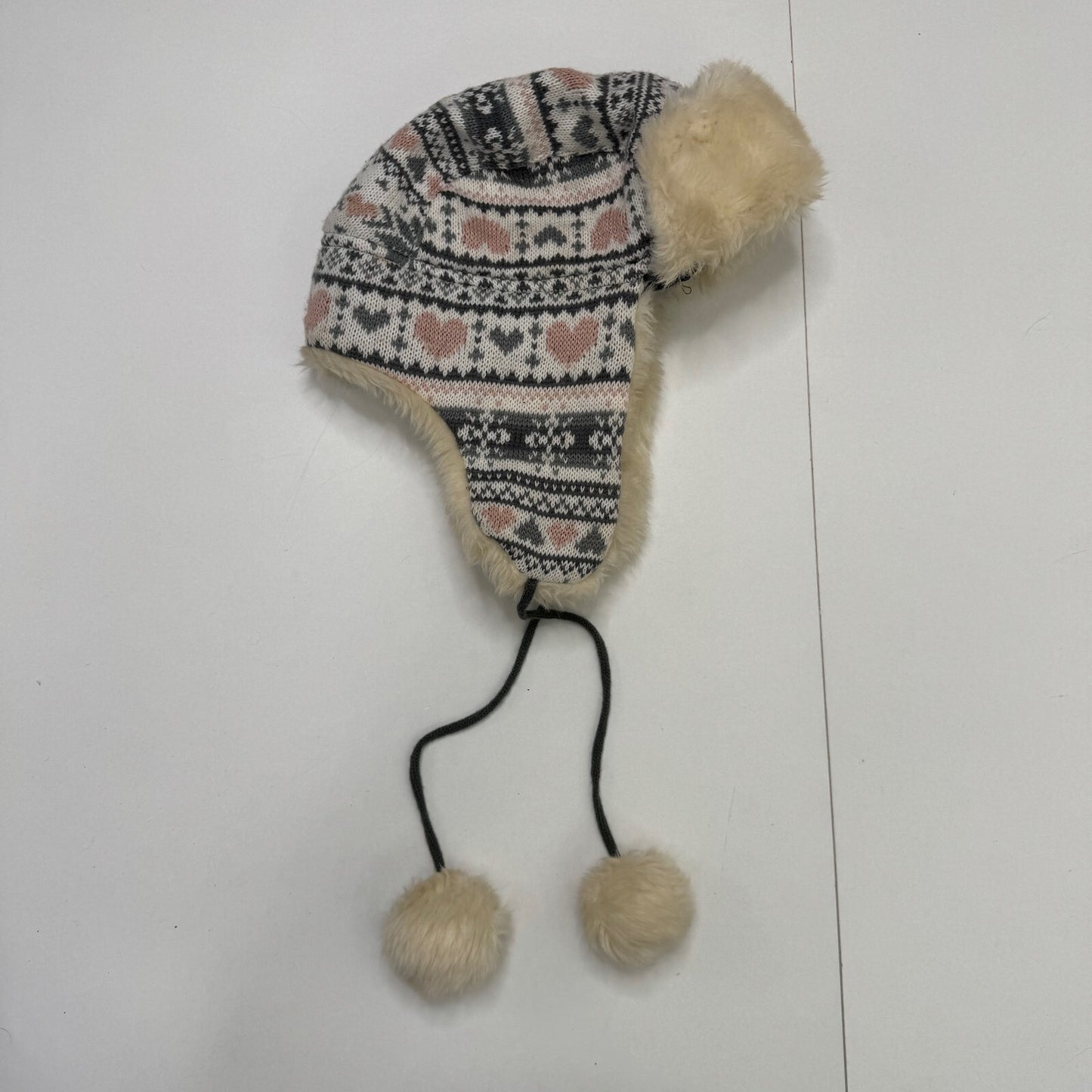 Y2K vintage trapper hat knit faux fur trim pom poms heart aztec print