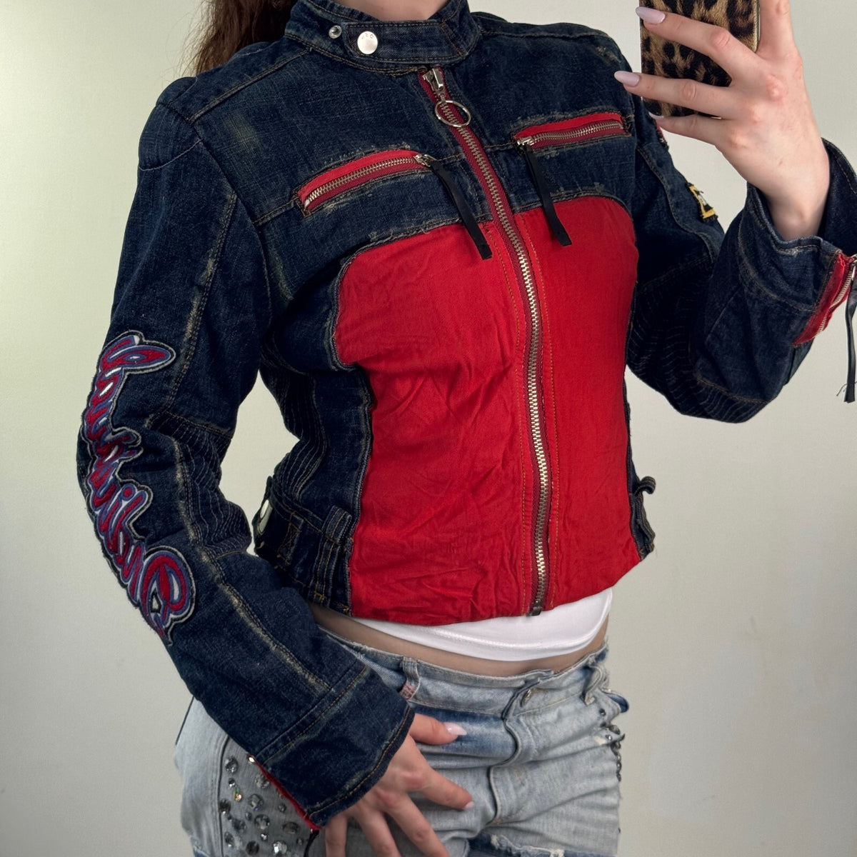 Y2K vintage denim jacket biker motorcycle moto zip up short patches high neck
