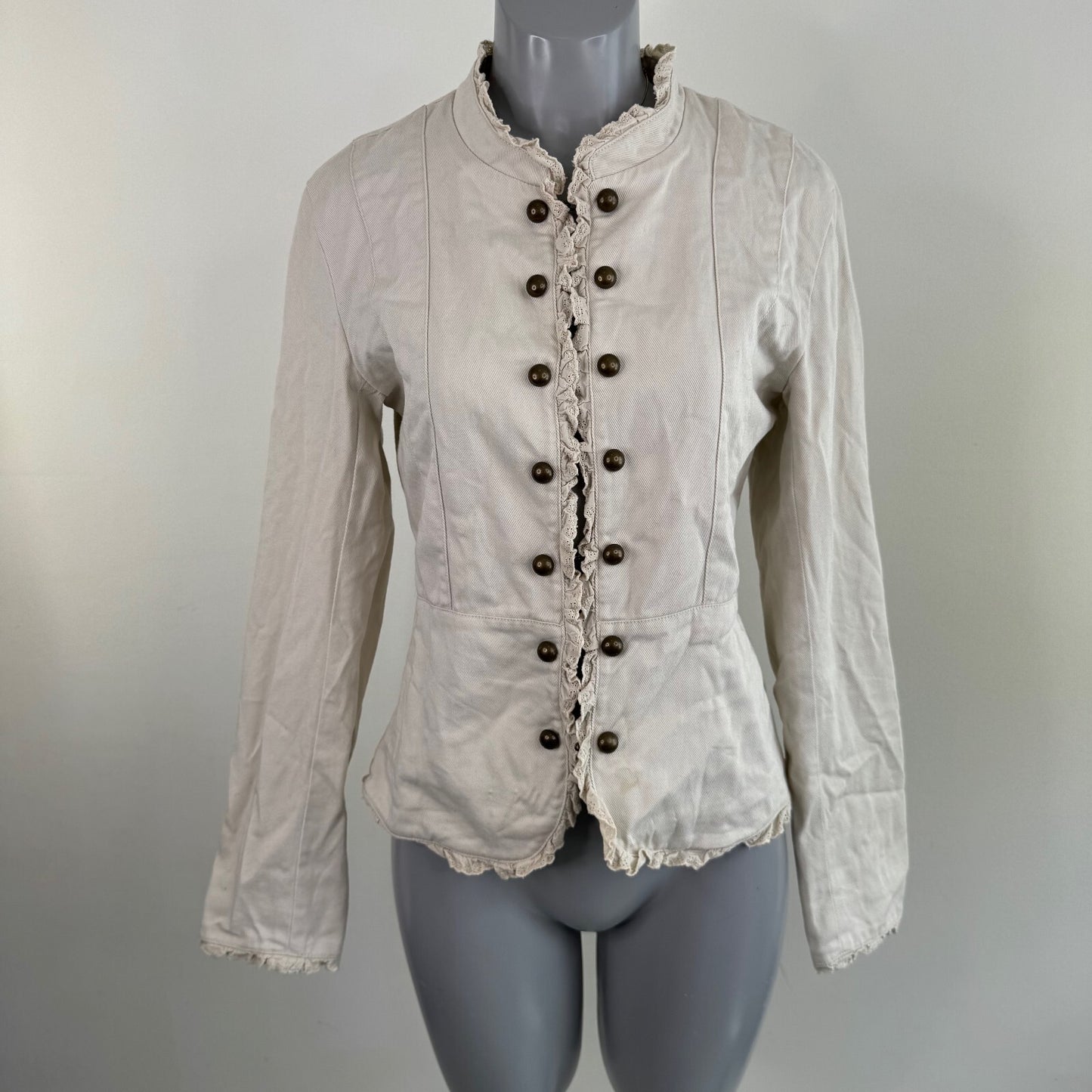 Y2K vintage military denim jacket hook and eye ruffle hem broderie anglaise