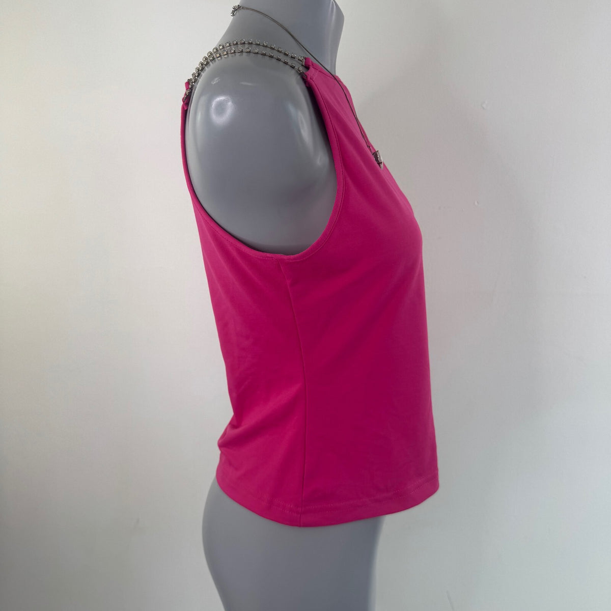 Y2K vintage tank top slinky rhinestone high neck fitted hot pink