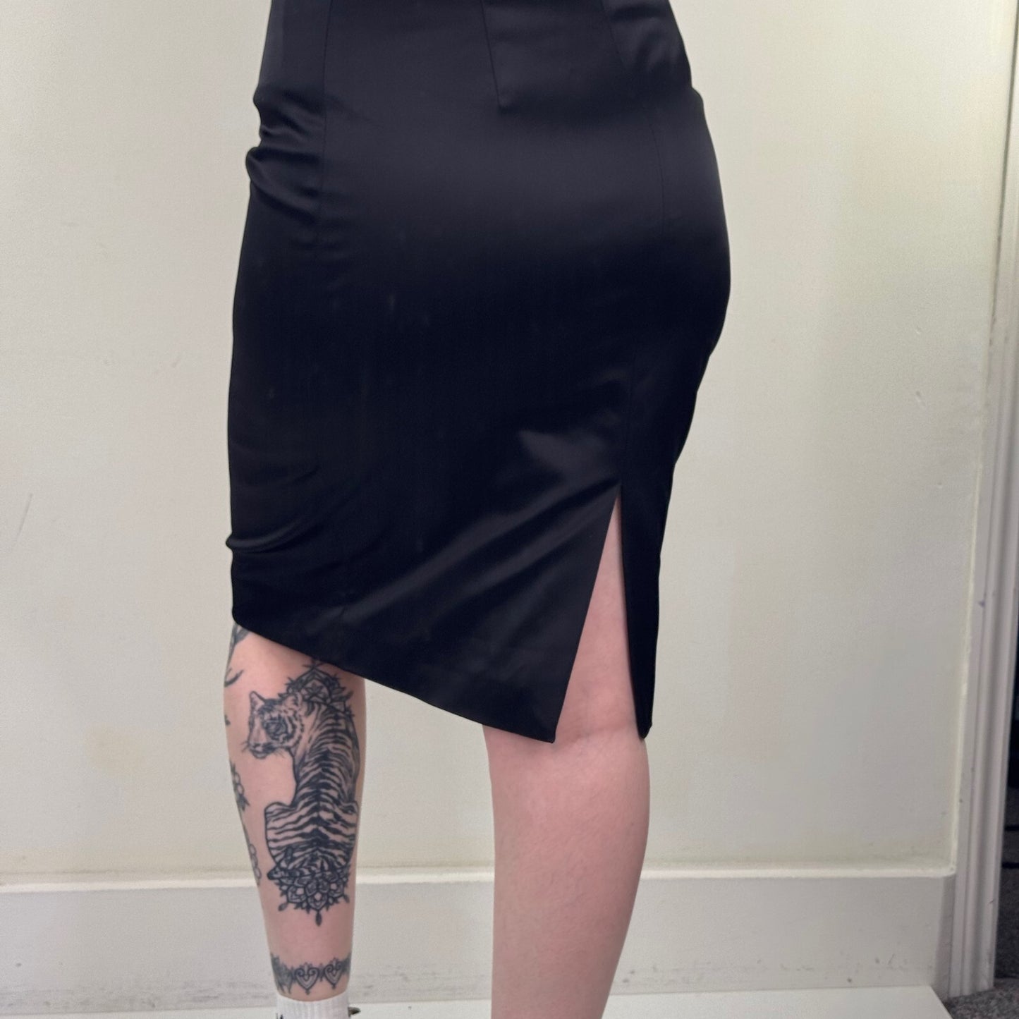 Y2K vintage satin midi skirt fitted tailored slit knee length formal high waist