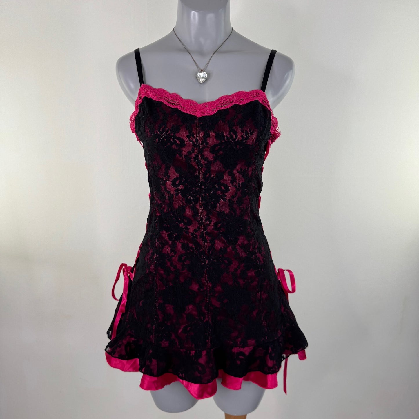 Y2K vintage chemise babydoll mini dress lace up trim frilly rara pink black bow