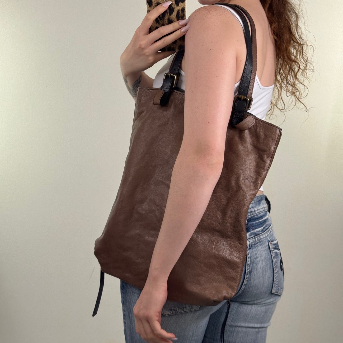 Vintage Gerard Darel Genuine Leather Large Shoulder Tote Bag Buckle Slouchy Boho