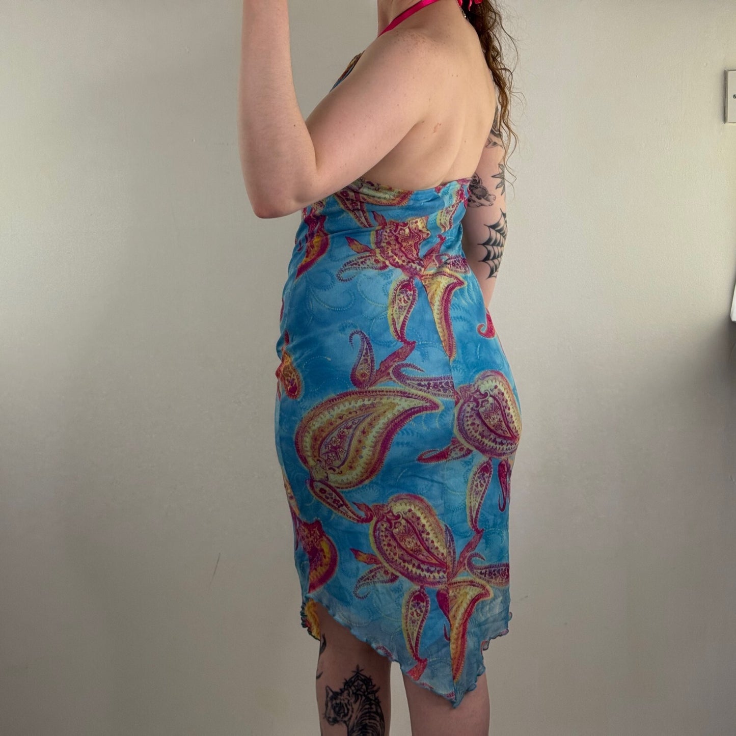 Y2K vintage paisley print midi dress asymmetrical hem halter neck mesh overlay