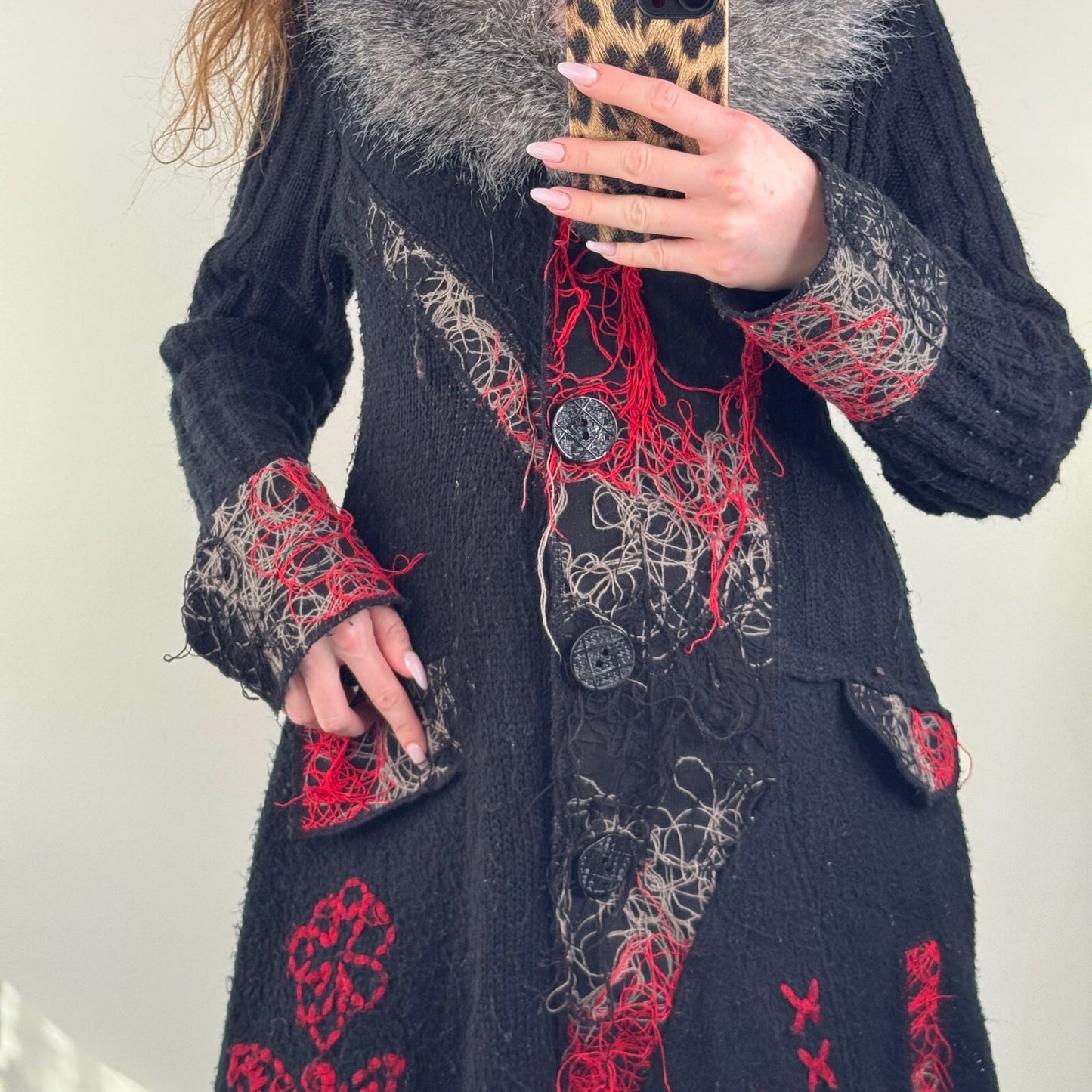 Y2K vintage cardigan wool blend chunky knit faux fur trim collar long floral