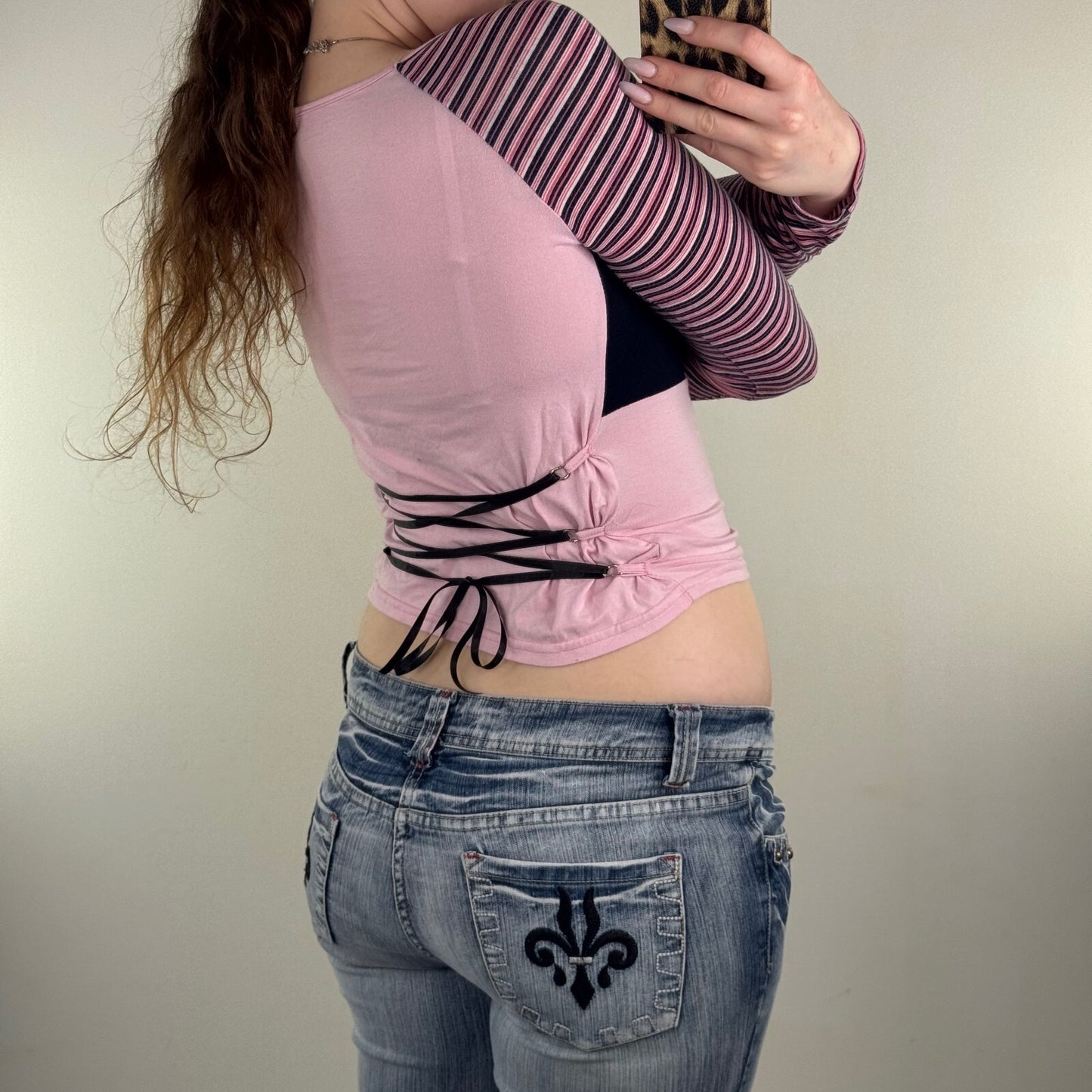 Y2K vintage long sleeve top pin up studs stripe lace up back fitted baby pink
