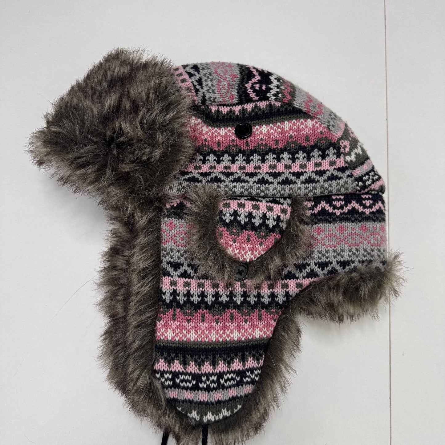 Y2K vintage trapper hat faux fur pom poms aztec knit print pink grey black