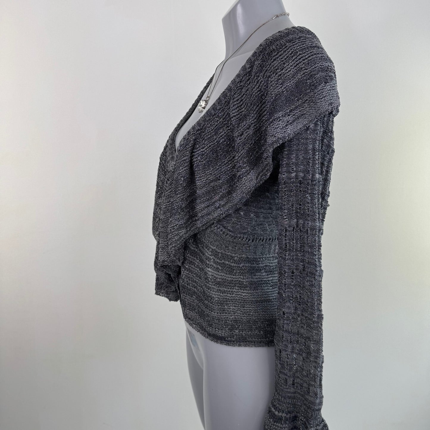 Y2K vintage fine knit cardigan frilly flare sleeve ruffle marl grey sheer v neck