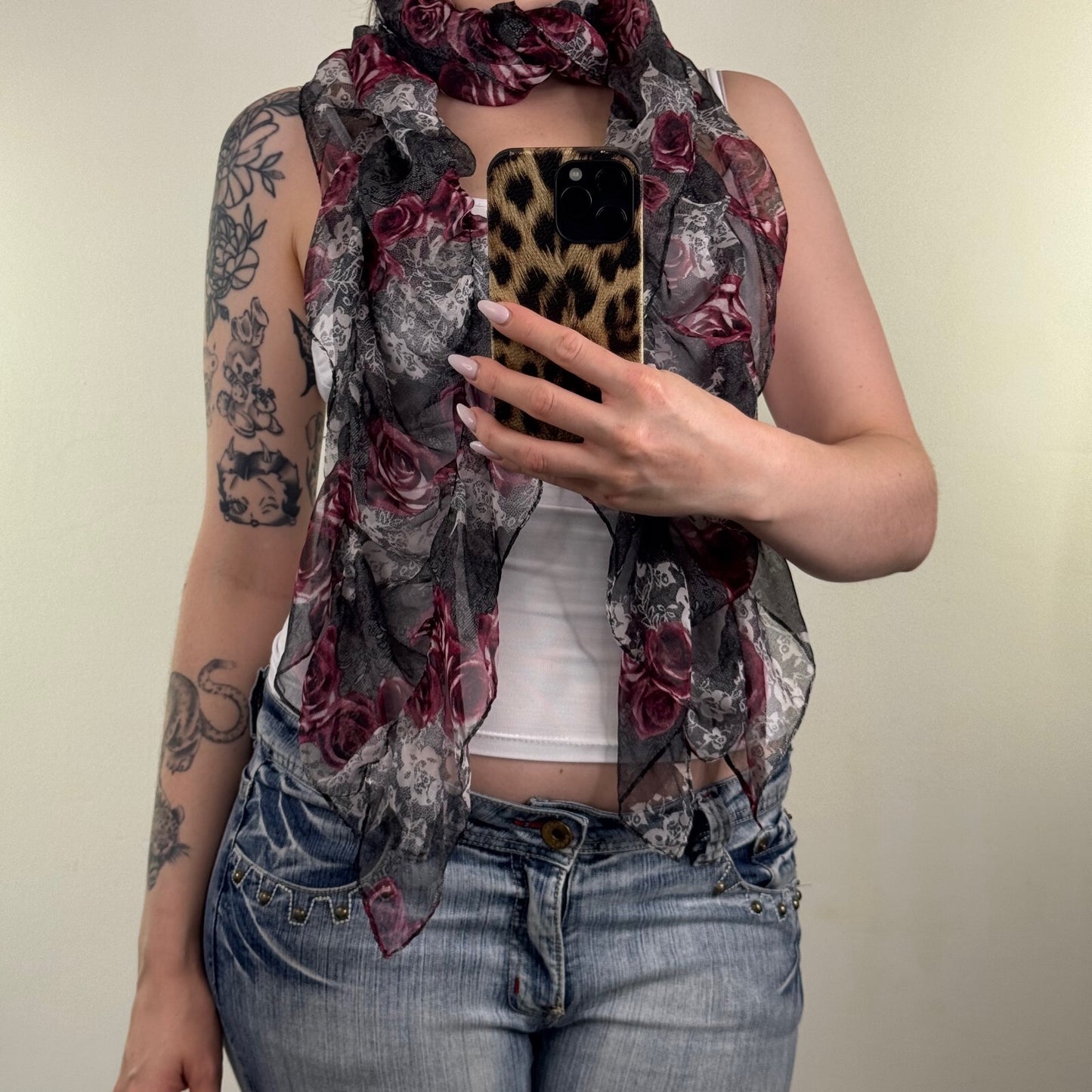 Y2K vintage scarf sheer rose floral lace pattern ruffle frill lightweight