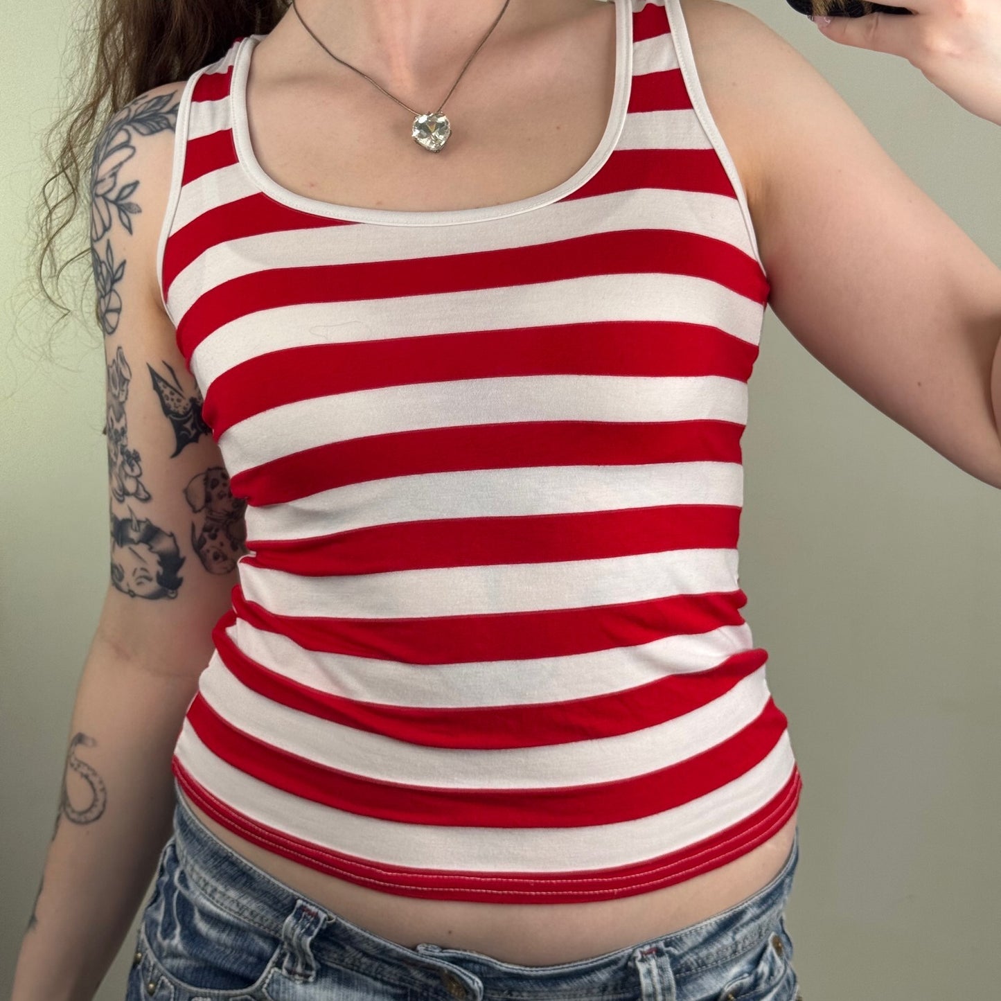 Y2K vintage tank top stripe fitted white red round neck