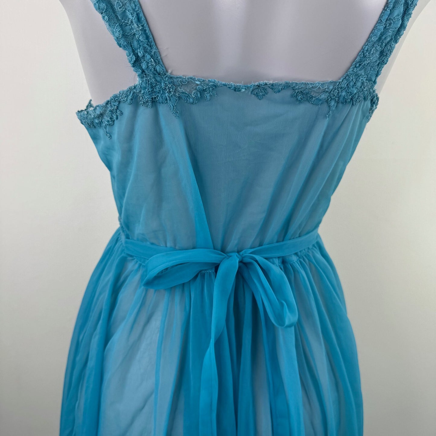 Vintage lingerie sheer maxi dress mesh lace trim bow coquette chiffon nightdress