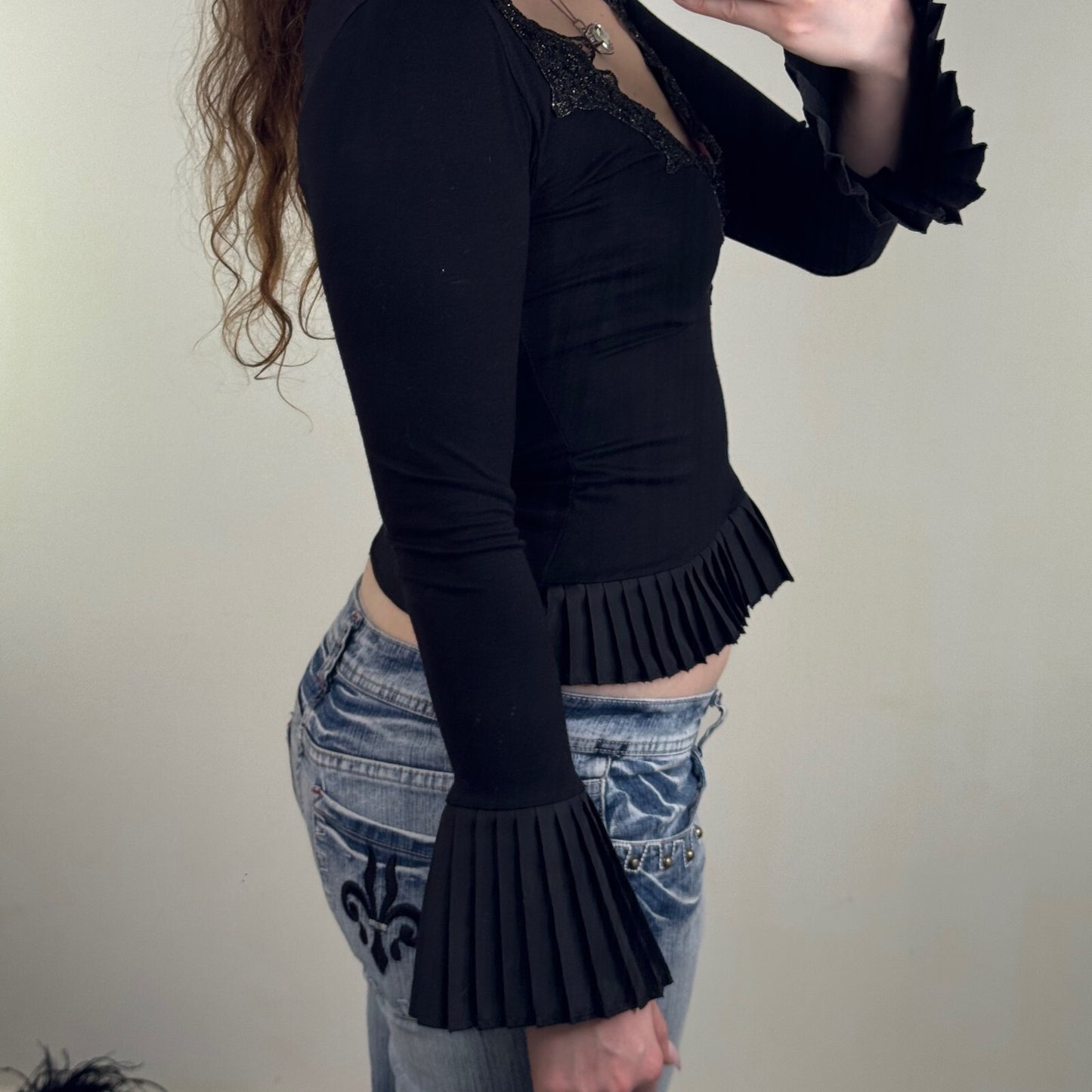 Y2K vintage long sleeve top wrap around flare sleeve pleated lace trim bow