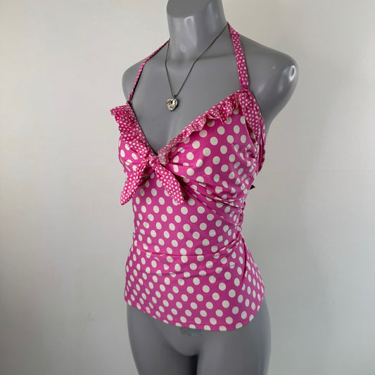 Y2K vintage tankini top halter neck polka dot bow ruffle ruched