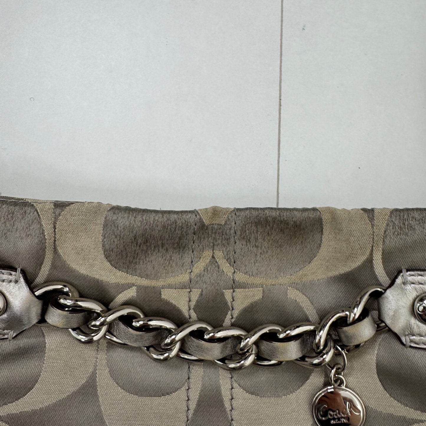 Vintage Coach Monogram Canvas Leather Metallic Crossbody Bag Chain Strap Zip