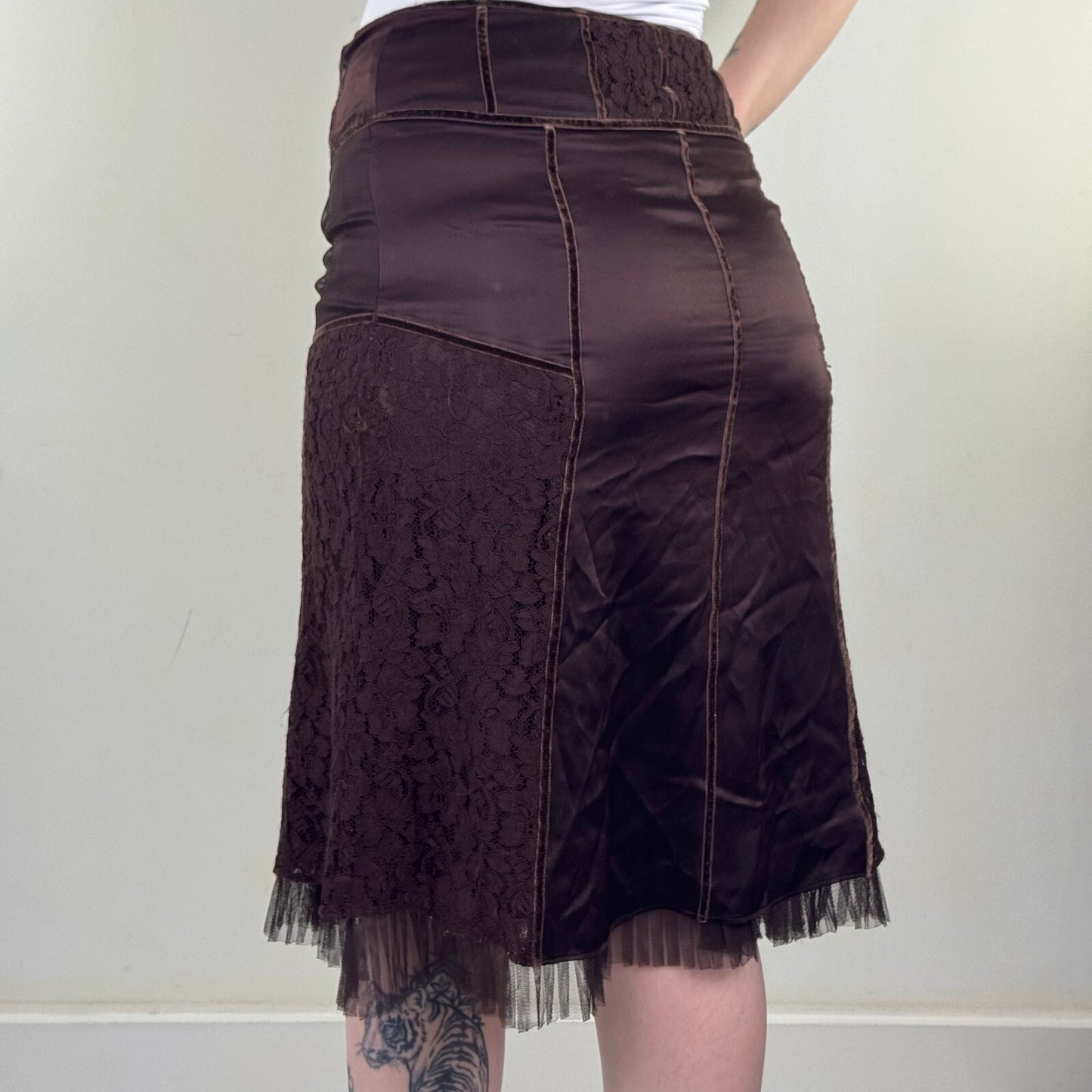 Y2K vintage Karen Millen midi skirt satin lace fairy boho mesh trim brown