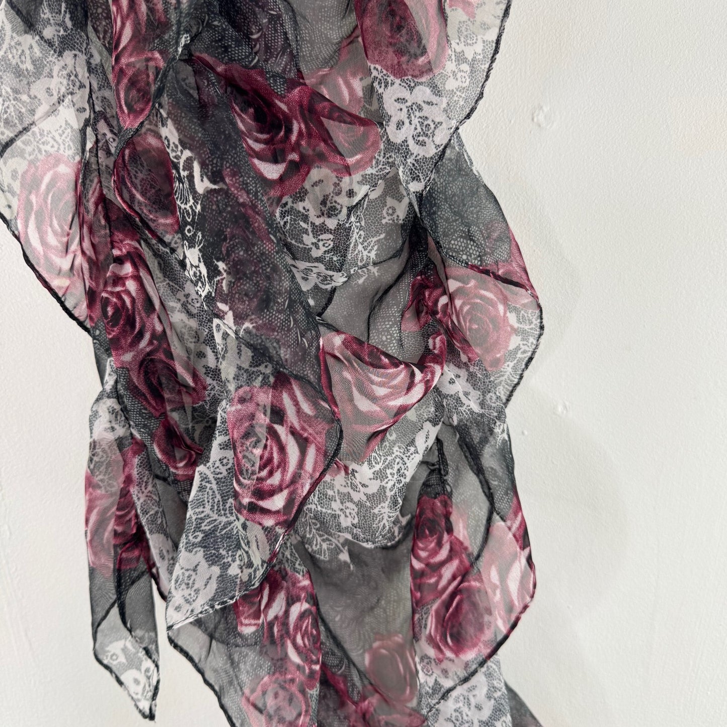 Y2K vintage scarf sheer rose floral lace pattern ruffle frill lightweight