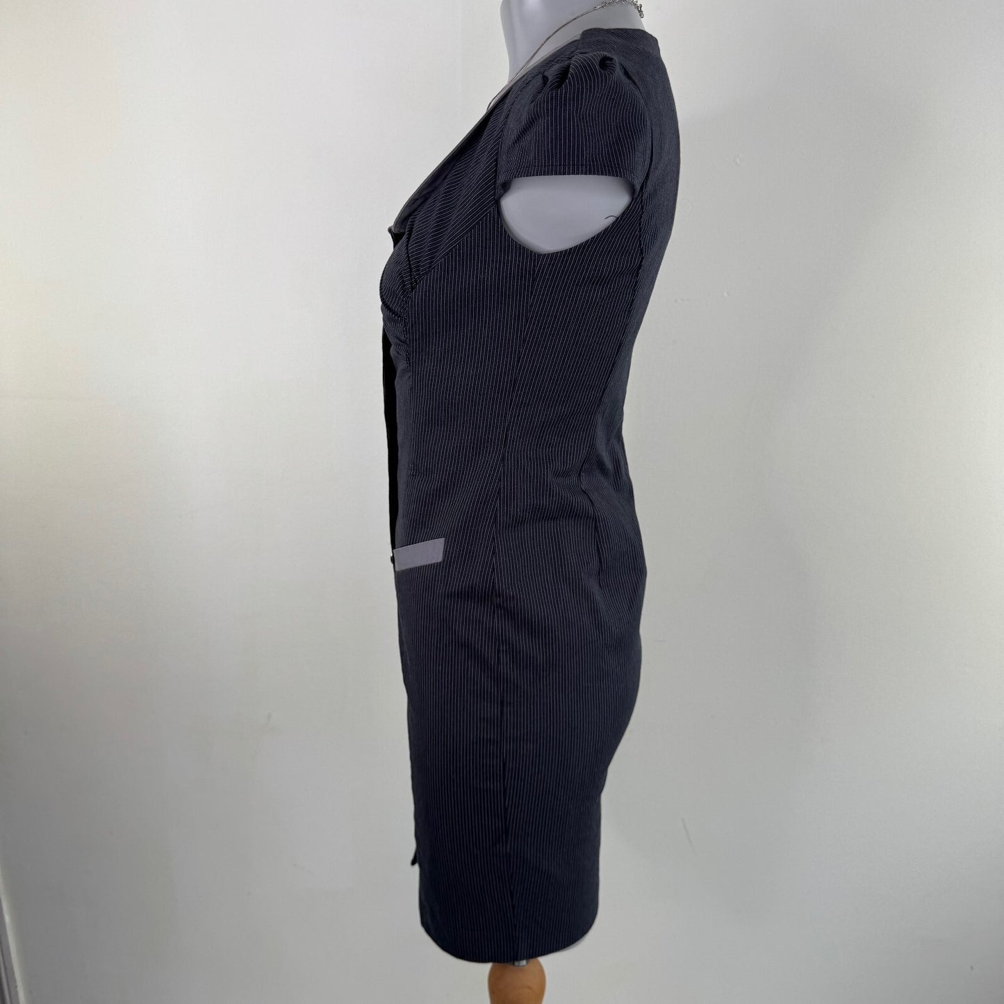 Y2K vintage pinstripe mini dress cap sleeve round neck fitted tailored pin up