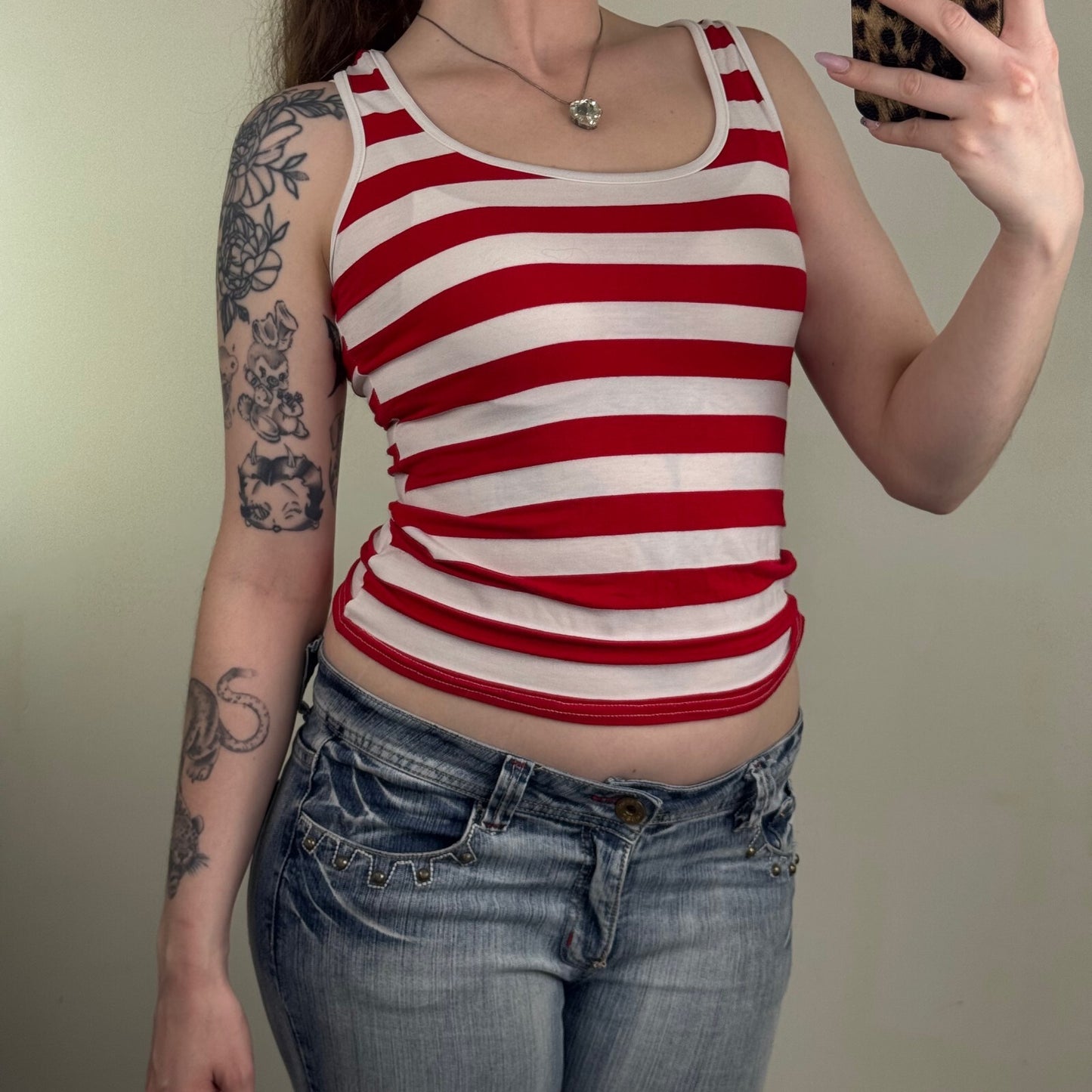 Y2K vintage tank top stripe fitted white red round neck