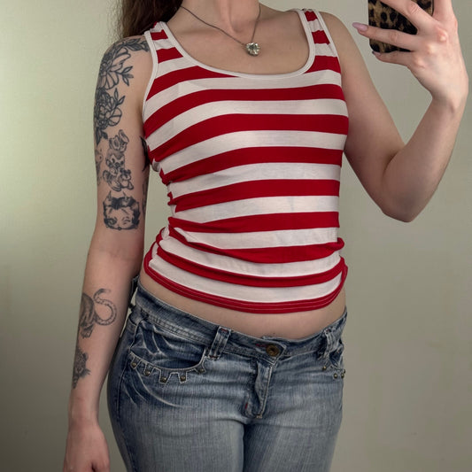 Y2K vintage tank top stripe fitted white red round neck