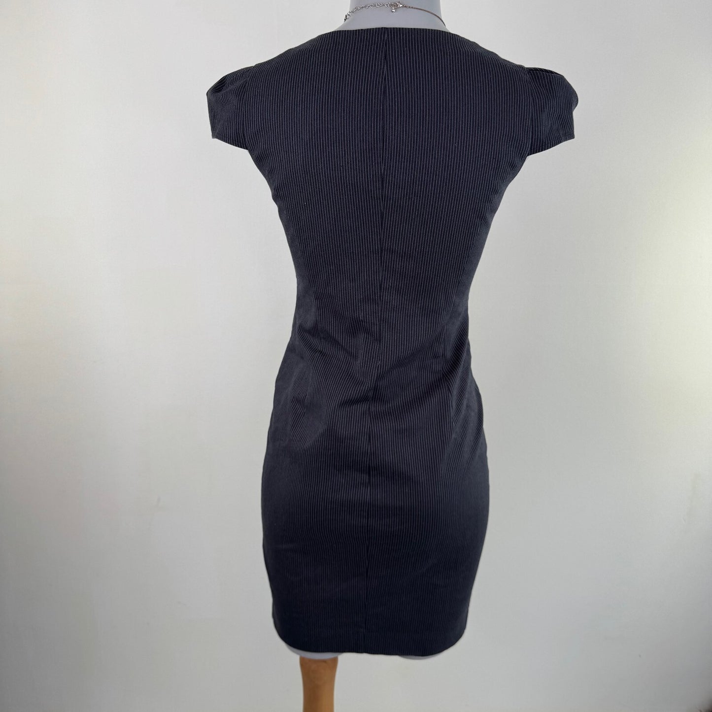Y2K vintage pinstripe mini dress cap sleeve round neck fitted tailored pin up