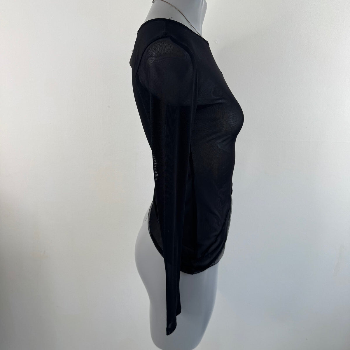Y2K vintage long sleeve top mesh asymmetrical hem sheer stretchy fitted black