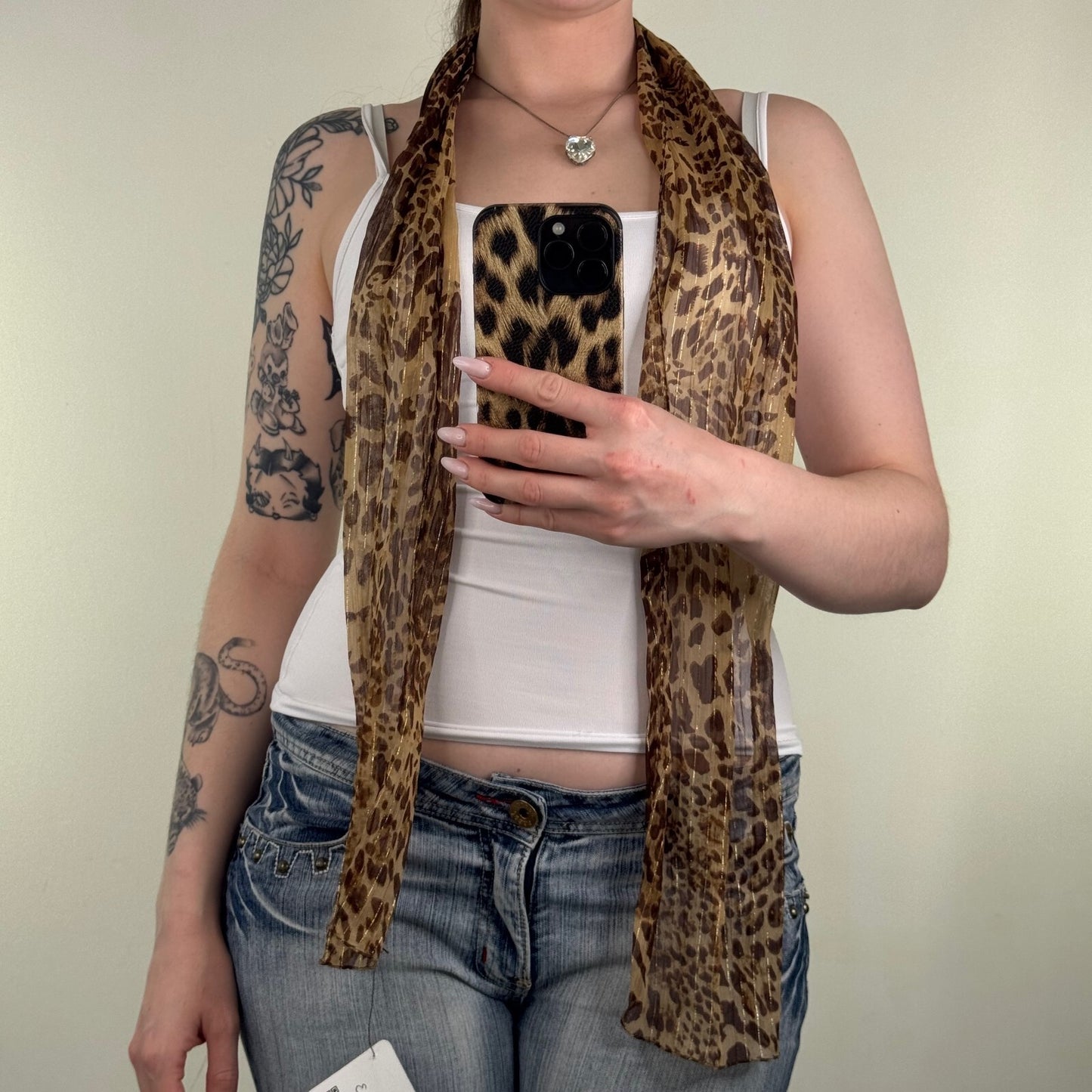 Y2K vintage scarf leopard print sheer brown sparkly pinstripe glitter skinny