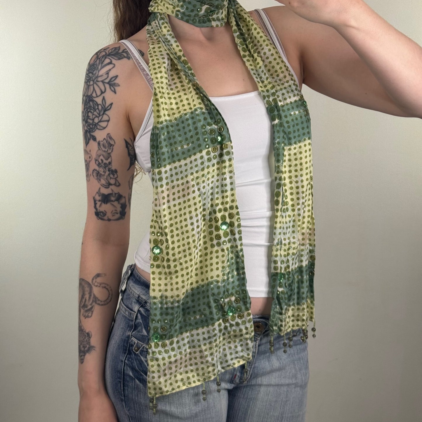 Y2K vintage Per Una scarf 100% silk polka dot sequin green stripe ombre