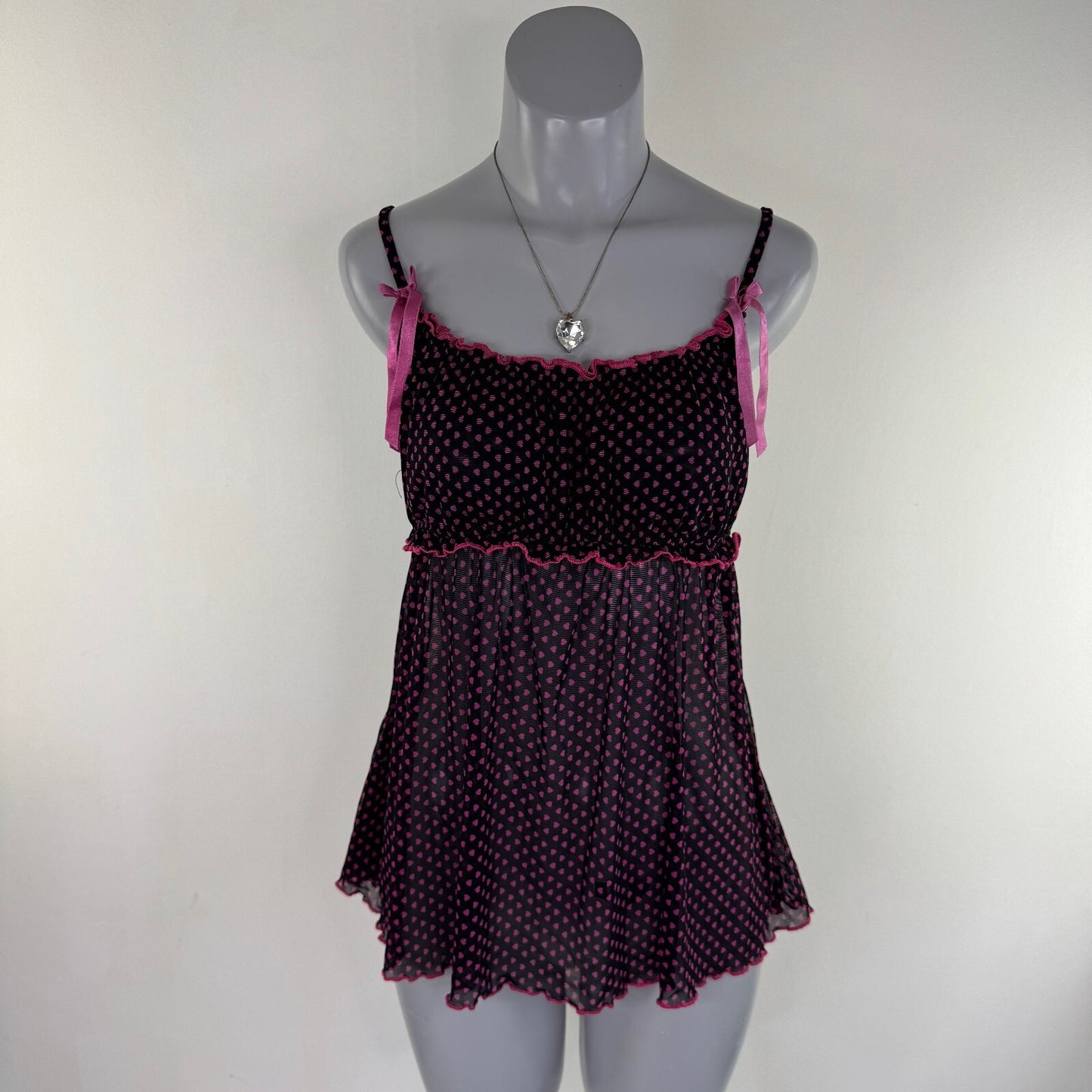 Y2K vintage mesh babydoll cami top hearts bow ruched bust sheer