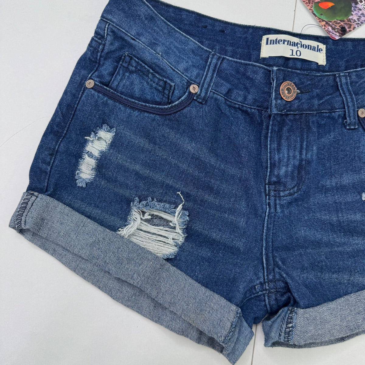 Y2K vintage denim mini shorts distressed dark blue turned up
