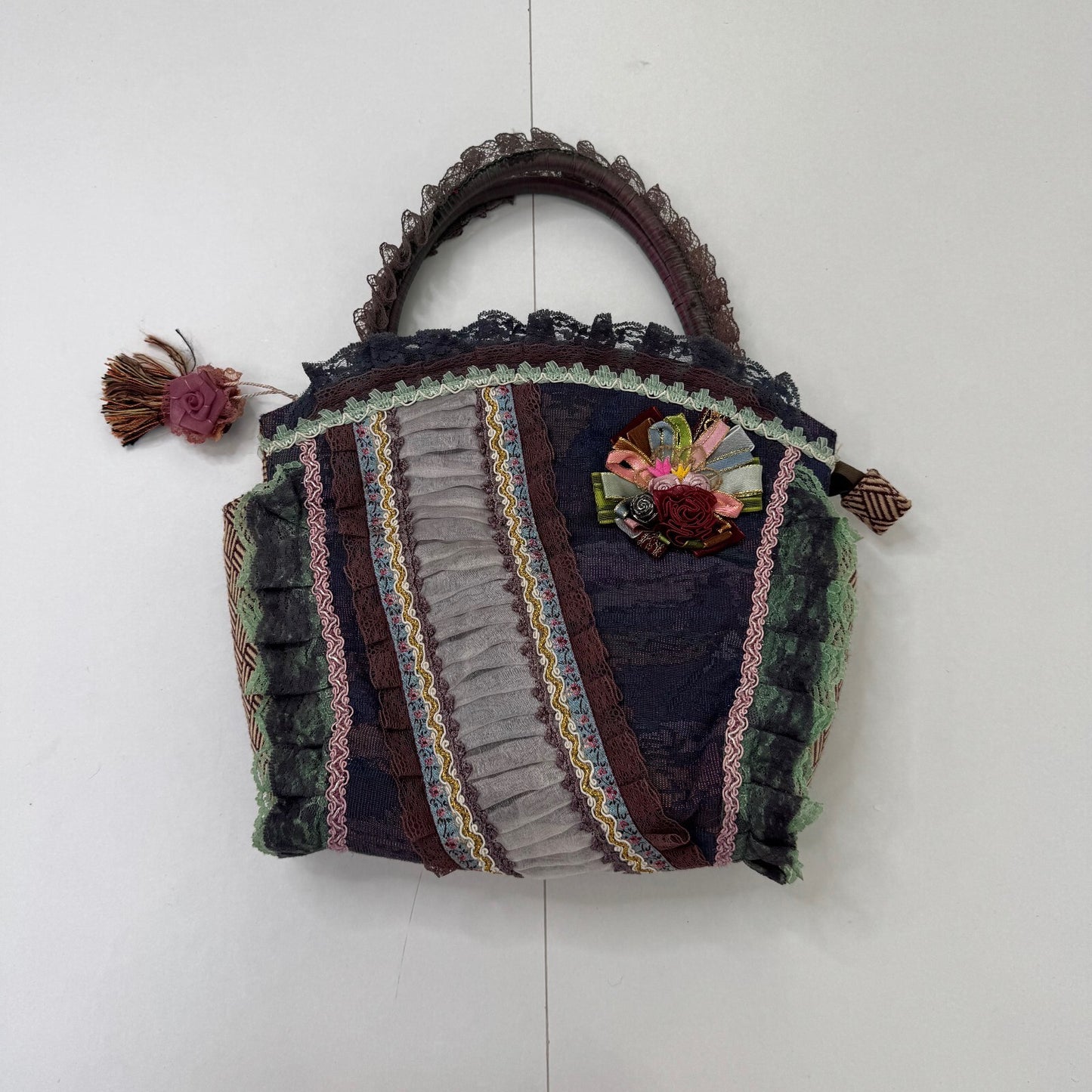Y2K vintage small handbag coquette lace floral patchwork tapestry ribbon boho