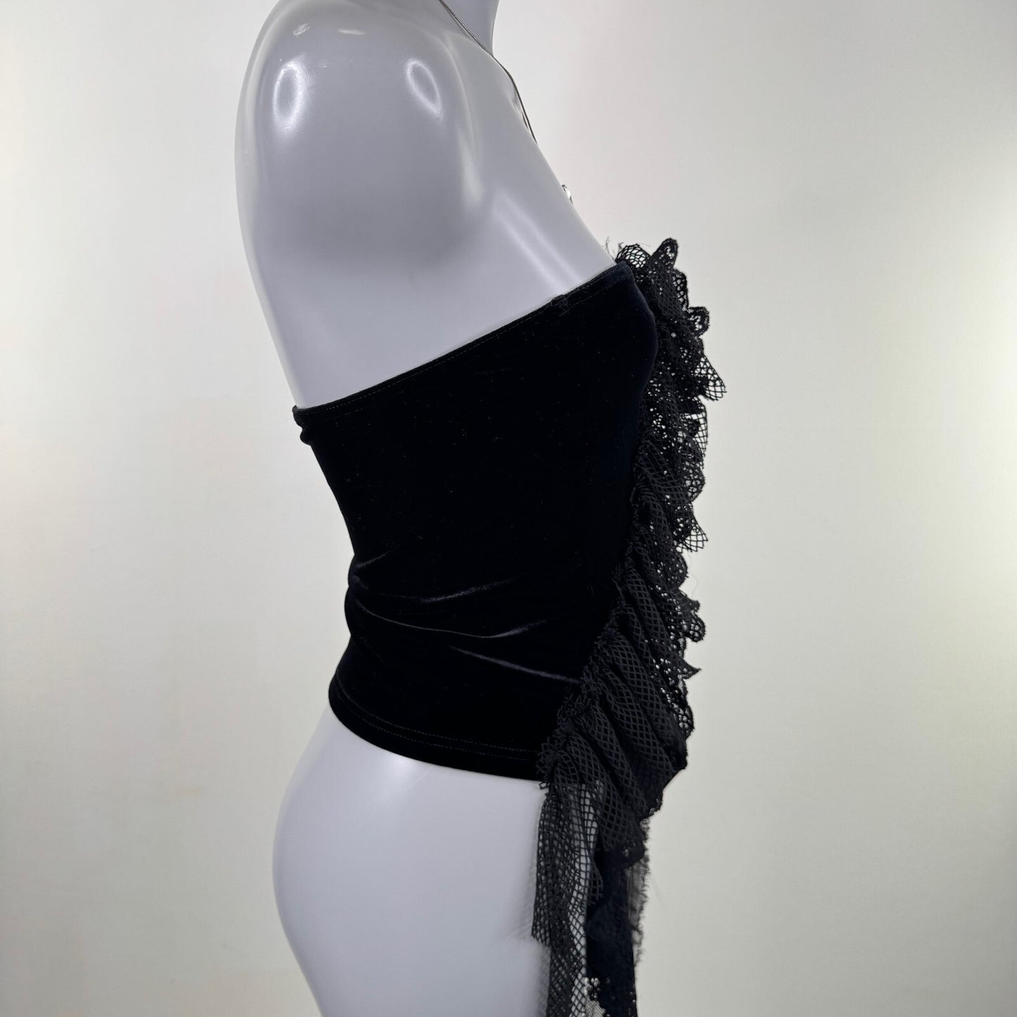 Y2K vintage strapless top ruffle velour fishnet ruched asymmetrical patchwork