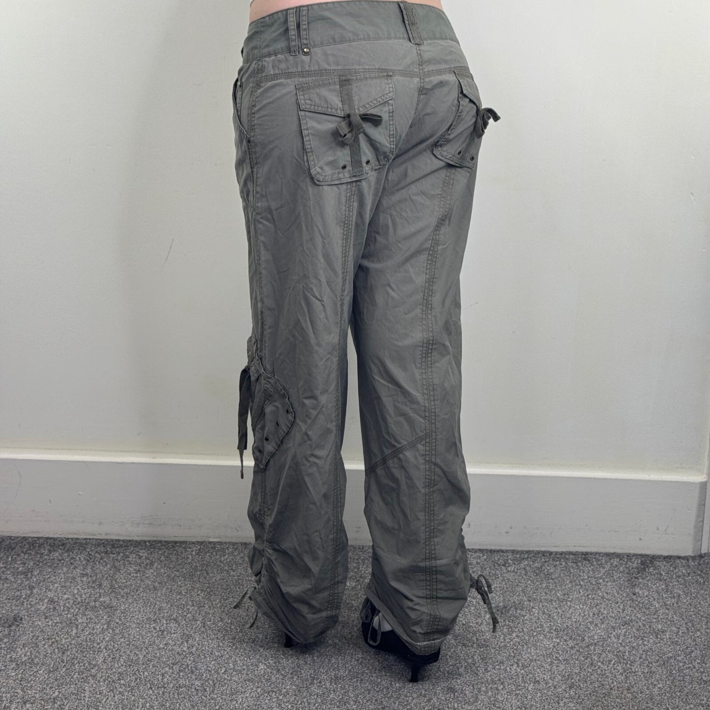 Y2K vintage cargo trousers pants utility baggy ruched bow pockets baggy khaki