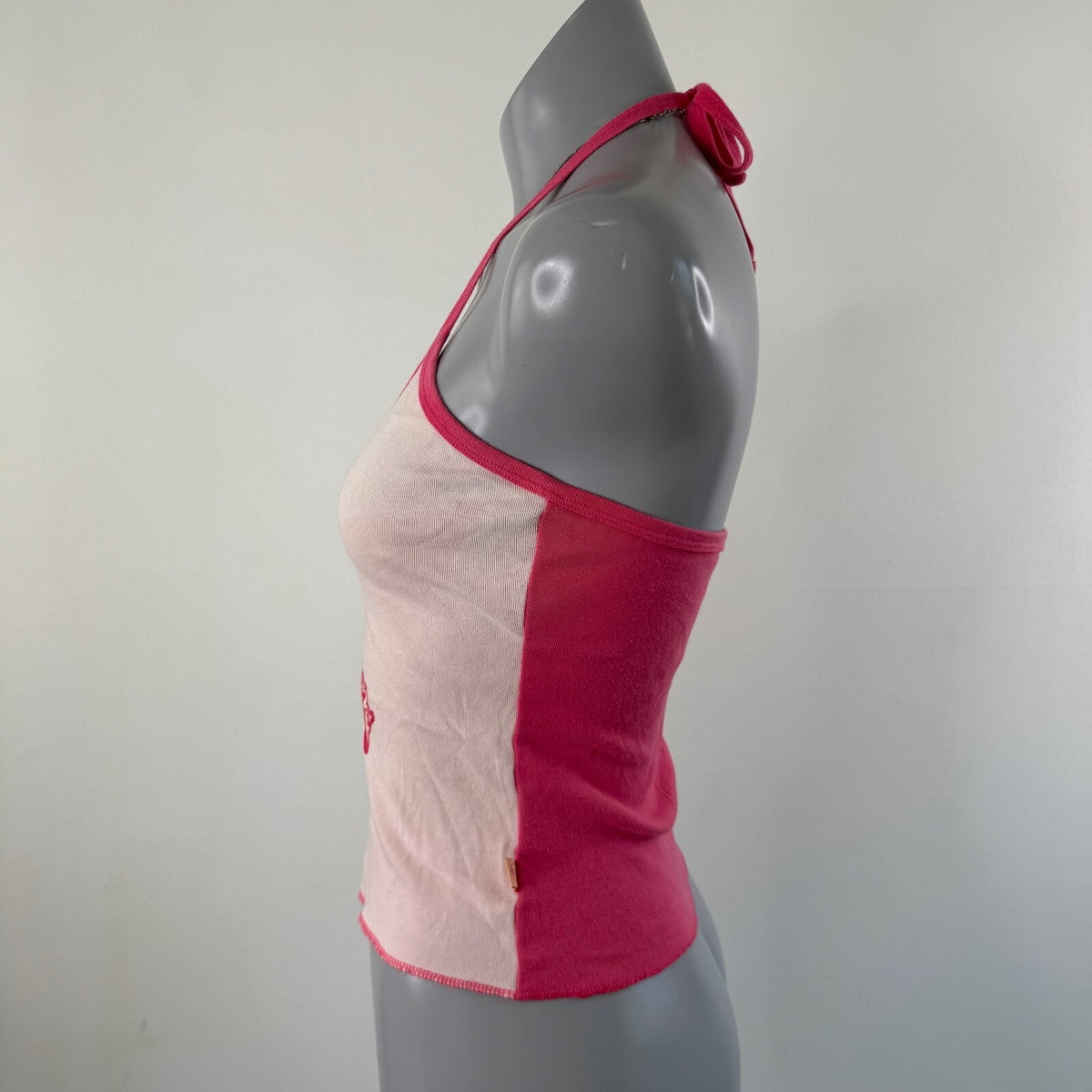 Y2K vintage Roxy halter top v neck sparkly pink two tone bow sporty logo