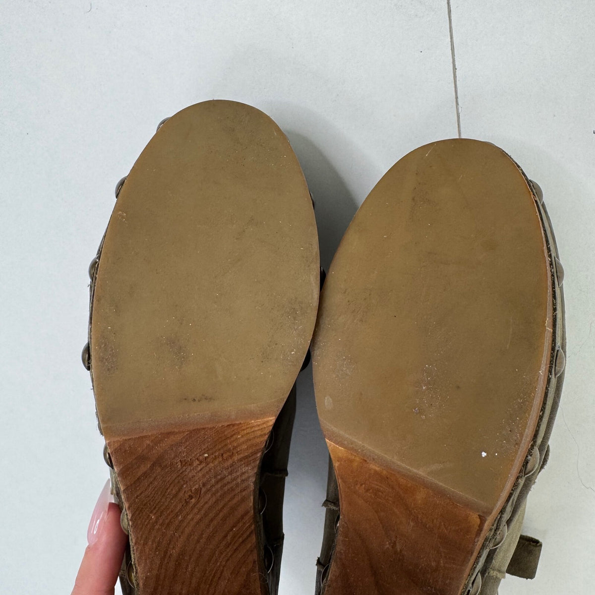 Vintage genuine leather boots studded heels wooden short 2010s archive khaki