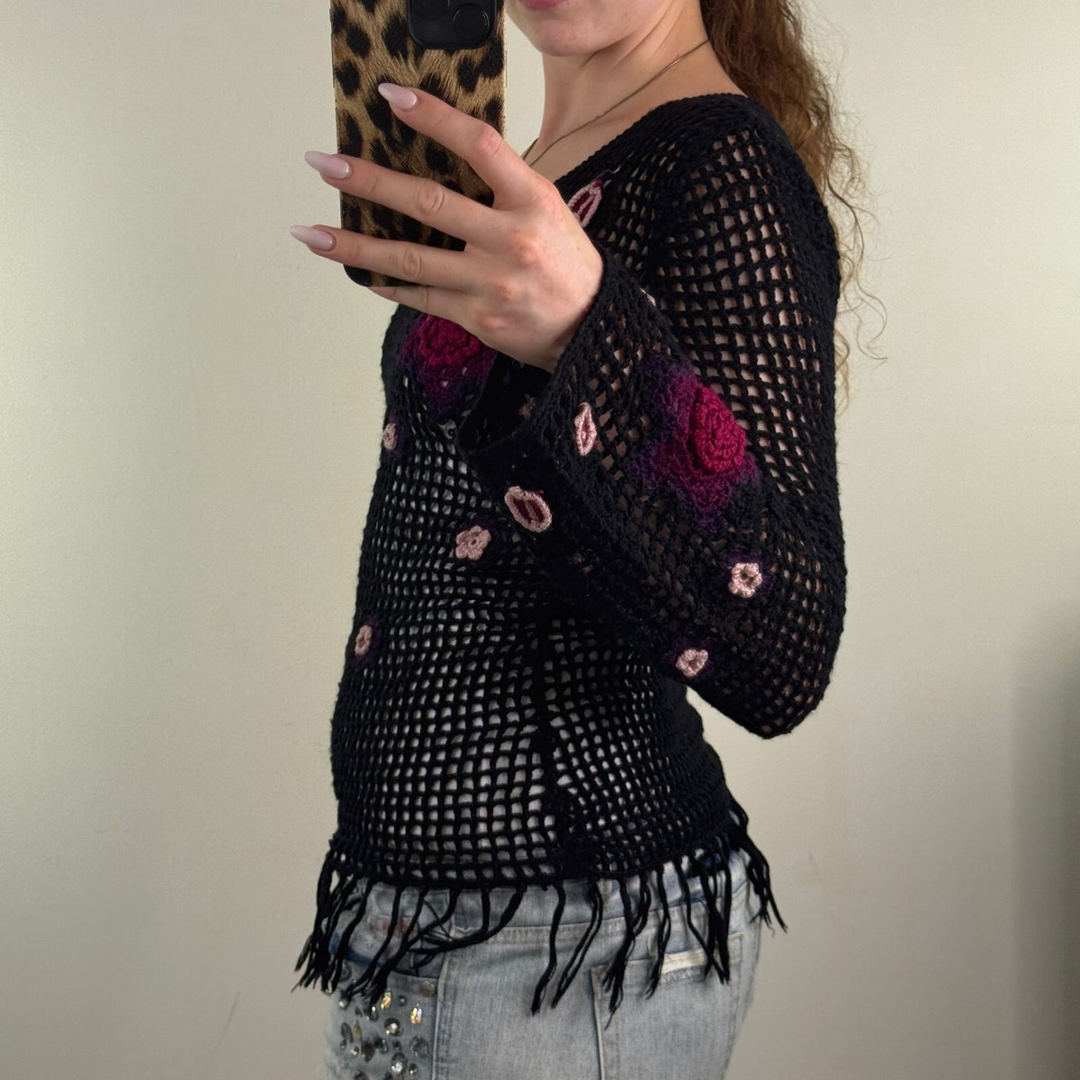 Y2K vintage crochet jumper knit floral pattern flare long sleeve fringe v neck