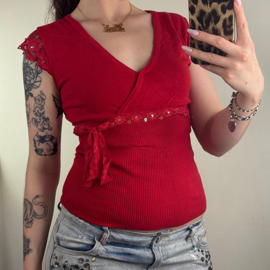 Y2K vintage v neck short cap sleeve top ribbed lace trim sequin fitted stretchy